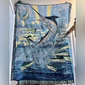 Vintage Guy Harvey Marlin Afghan Tapestry Fringed 48x68 Throw Blanket Rare VTG